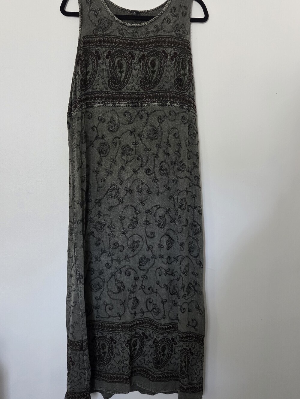Boho Embroidered Paisley Maxi Dress – Acid Wash Grey/Olive Large